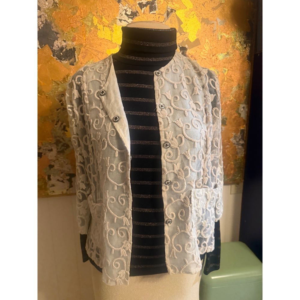 RARE Megan Salmon Australia Sheer Silk Embroidered Organza Snap Front Topper ML